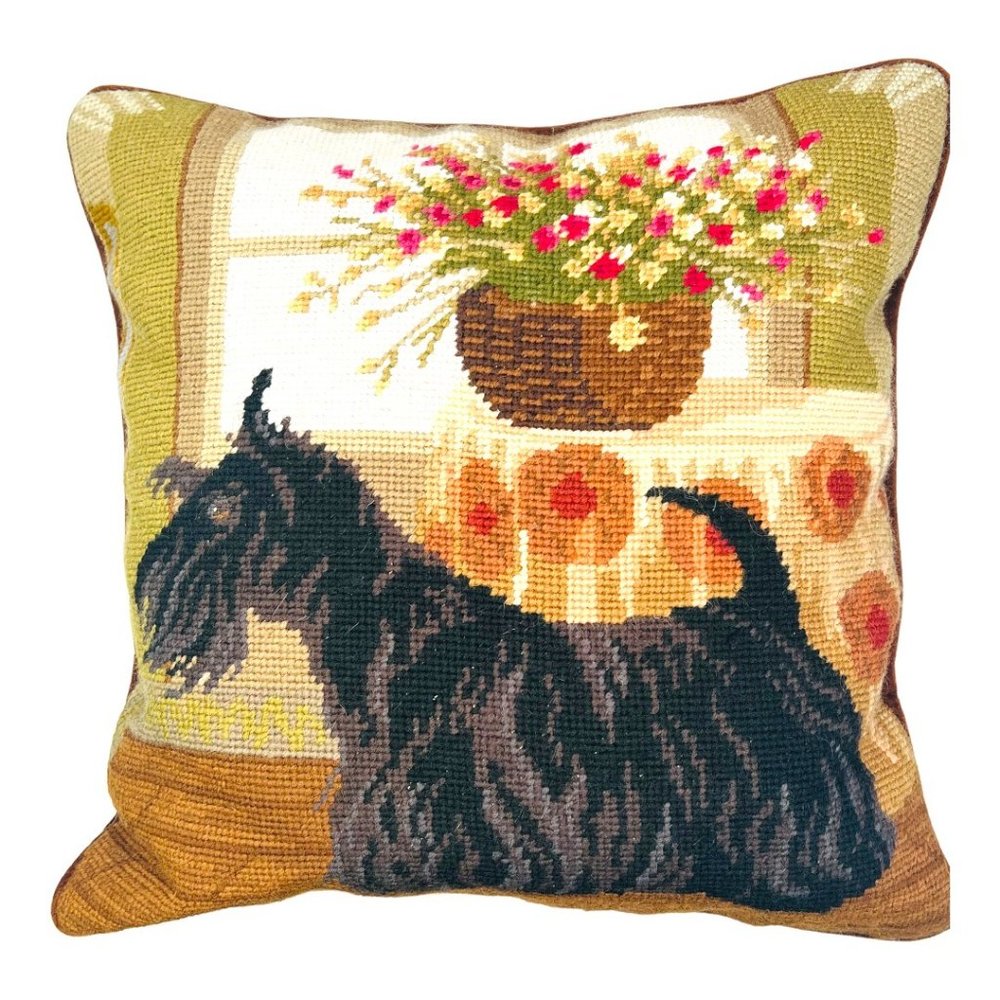 Vintage Needlepoint Scottish Terrier Dog Roses 17"x12"  rectangular Pillow - Picture 4 of 10